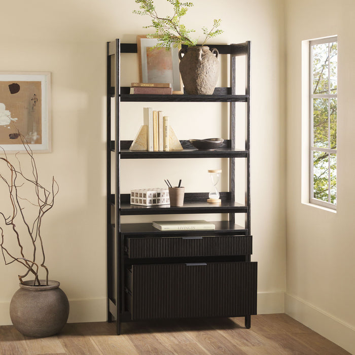 Transitional Wide Reeded Bookshelf With Drawers On Bottom