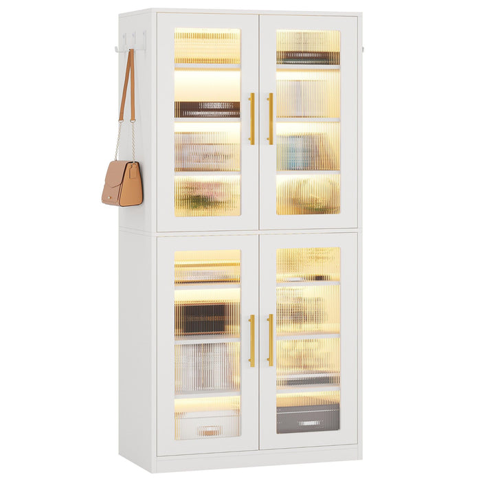 Bookcase With Doors And LED Lighting, 8 Adjustable Shelves Storage Cabinet