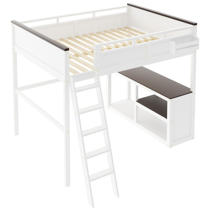 Queen Size Loft Bed With Desk, Open Shelf, Storage Box And USB Charging Station - White