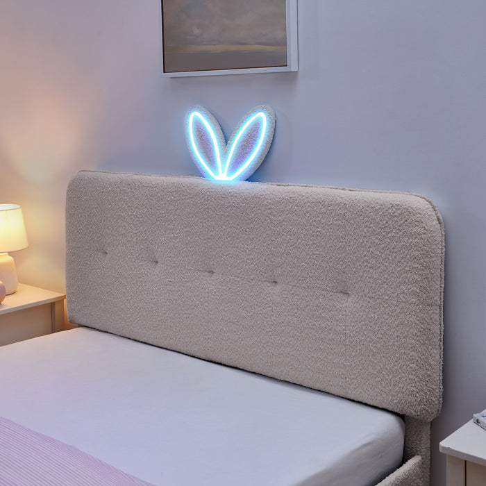 Upholstered Bed With Oversized Rabbit Ear Headboard, LED Lights & 4 Storage Drawers