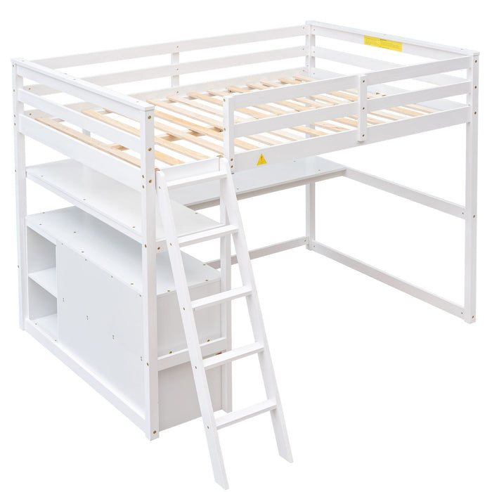 Modern Loft Bed With Built In Desk, Shelves, And 2 Drawers