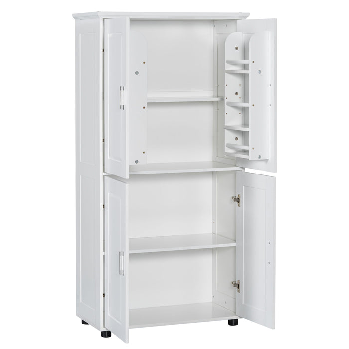 Tall And Wide Bathroom Floor Storage Cabinet With 4 Doors, Adjustable Shelves - White