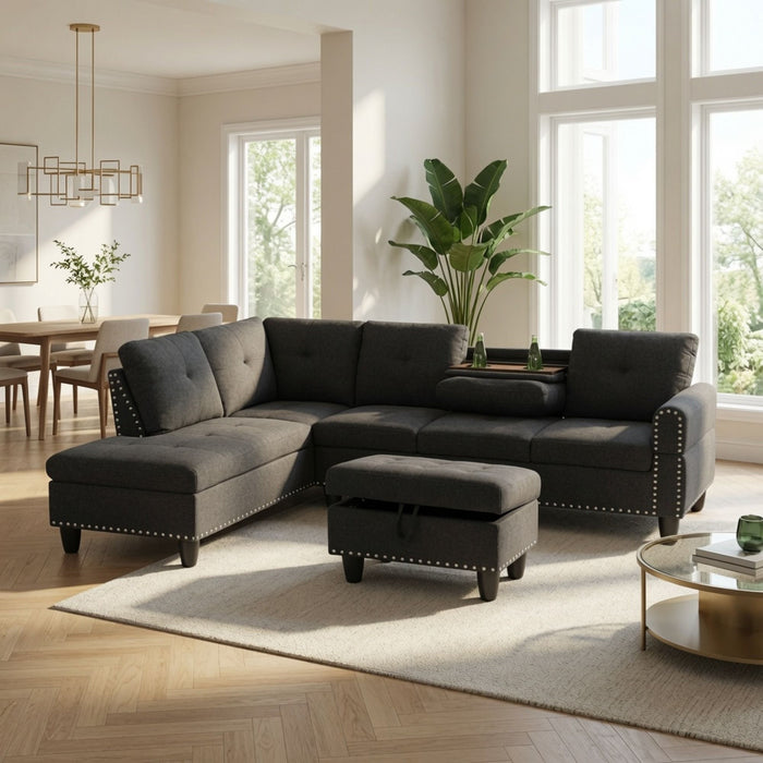 L - Shaped 3 Piece Sectional Sofa With Chaise, Storage Ottoman & Cup Holders