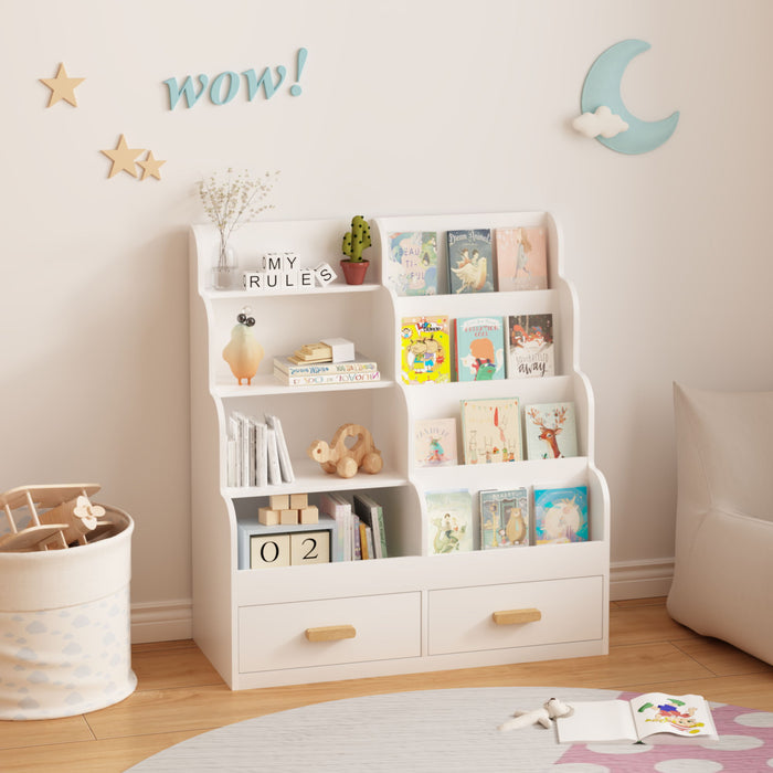 Bookshelf With 2 Storage Drawers, Front Facing Bookcase And Toy Organizer, Multi Tier Reading Shelf - White