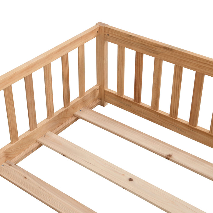 Solid Wood Floor Bed With Door And Fence For Children