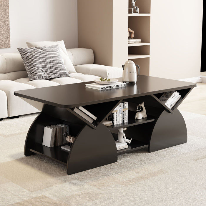 Geometric Engineered Coffee Table With Rounded Corners With Open Shelves