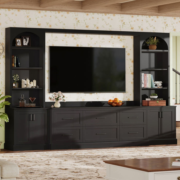Arched Entertainment Center Wall Unit With 6 Drawers, Large TV Stand With Bookshelves