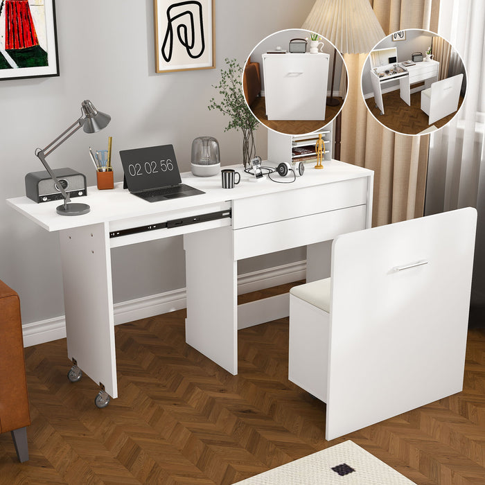 Folding Desk With Mirror And Storage Stool For Bedroom Or Apartment - White