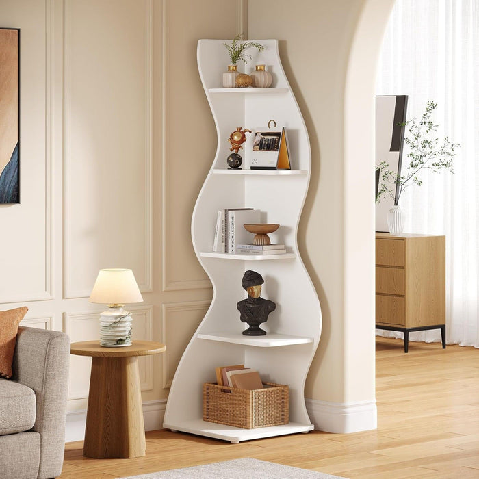 5 Tier Wavy Corner Bookshelf And Plant Stand For Living Room
