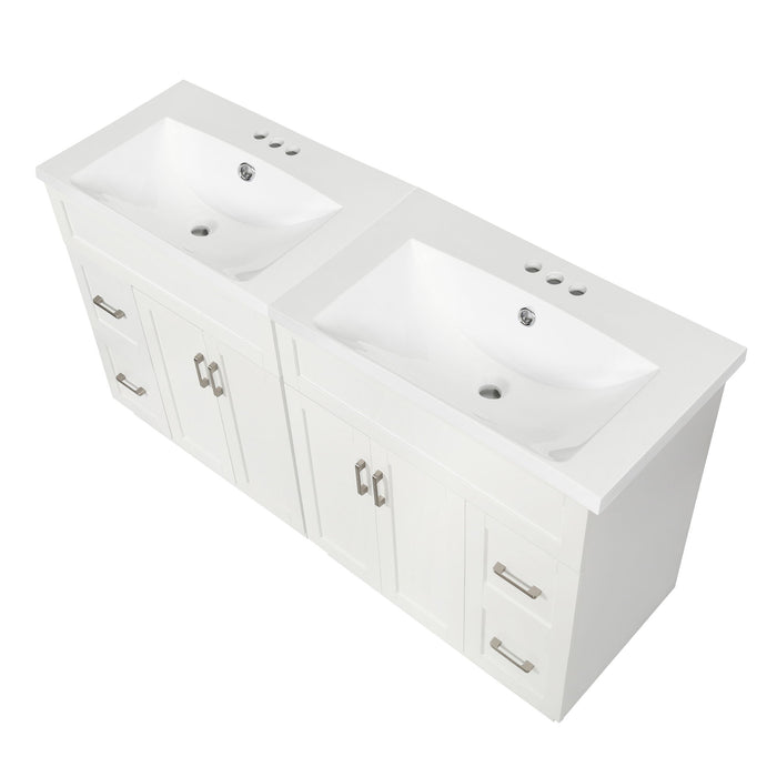 Bathroom Vanity With 4 Cabinet Doors, 4 Drawers, Dual Sinks, Hidden Soft Close Slides And Hinges - White