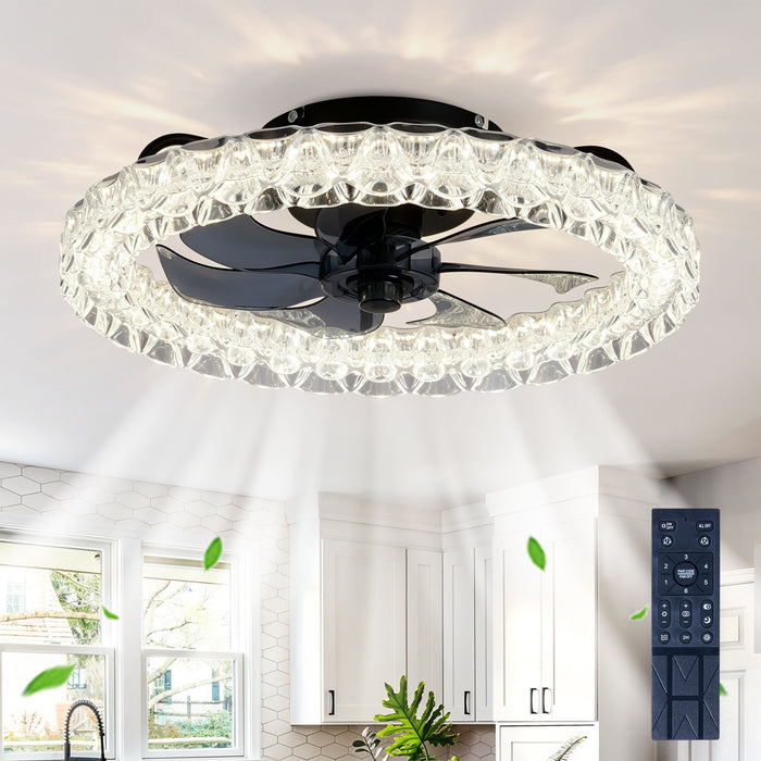 LED Light Source And Remote Control, 3000 - 6500K Dimmable Flush Mount LED Fan Light, 6 Speeds, Quiet DC Motor - Matte Black