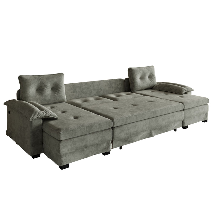 U-Shaped Sleeper Sofa With Pull Out Bed, Removable Armrests & USB Ports For Living Room