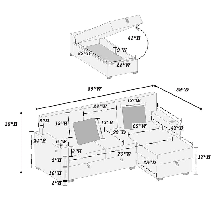 Convertible Sectional With USB / USB - C Port, Storage Chaise, Pull-Out Bed