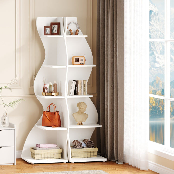 5 Tier Wavy Corner Bookshelf And Plant Stand For Living Room