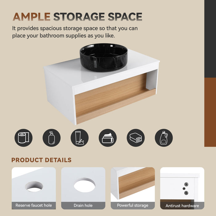 Floating Bathroom Vanity With Vessel Sink With Open Shelf Storage