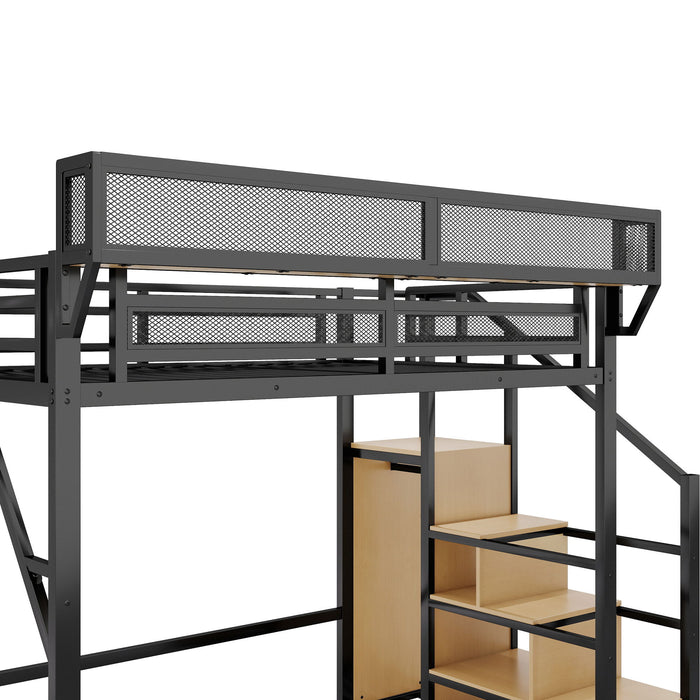 Full Size Loft Bed With Stairs With Storage Shelves With Wardrobe - Black