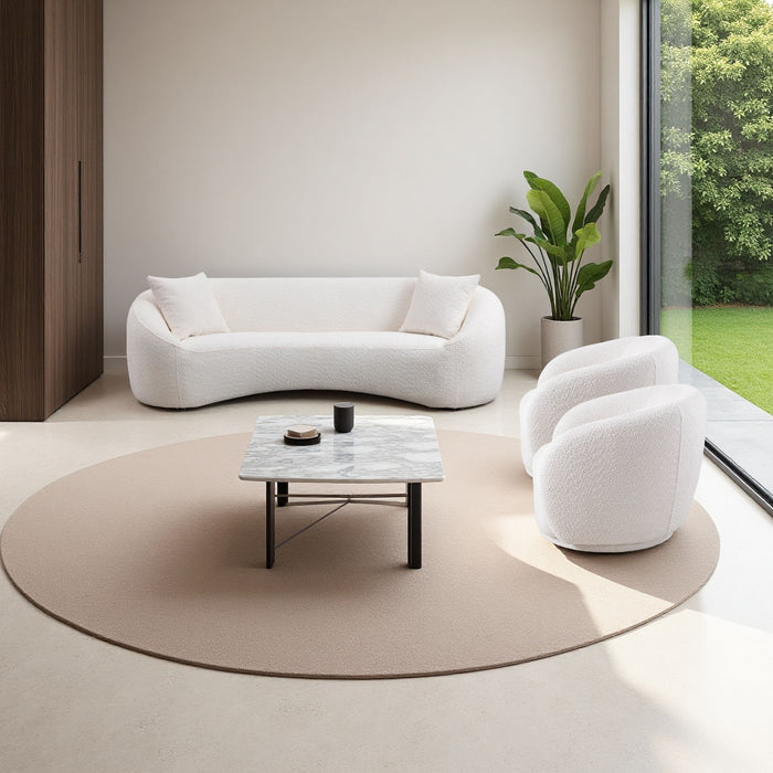3 Piece Set Curved Sofa, Upholstered 3 Seater With Tight Curved Back For Living Room - White