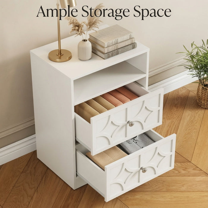 Nightstand With Diamond Carvings Handles, 2 Drawers & Charging Station