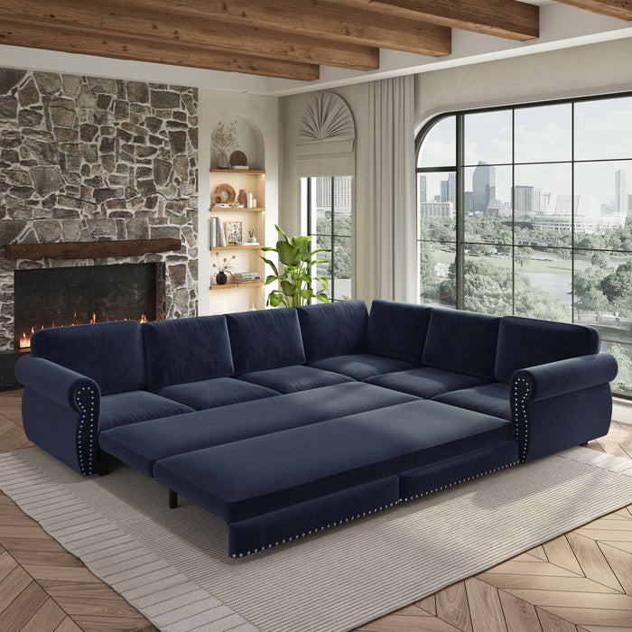 L-Shaped Sofa Couch With Pull Out Bed With Nailhead Trim & Rolled Arm