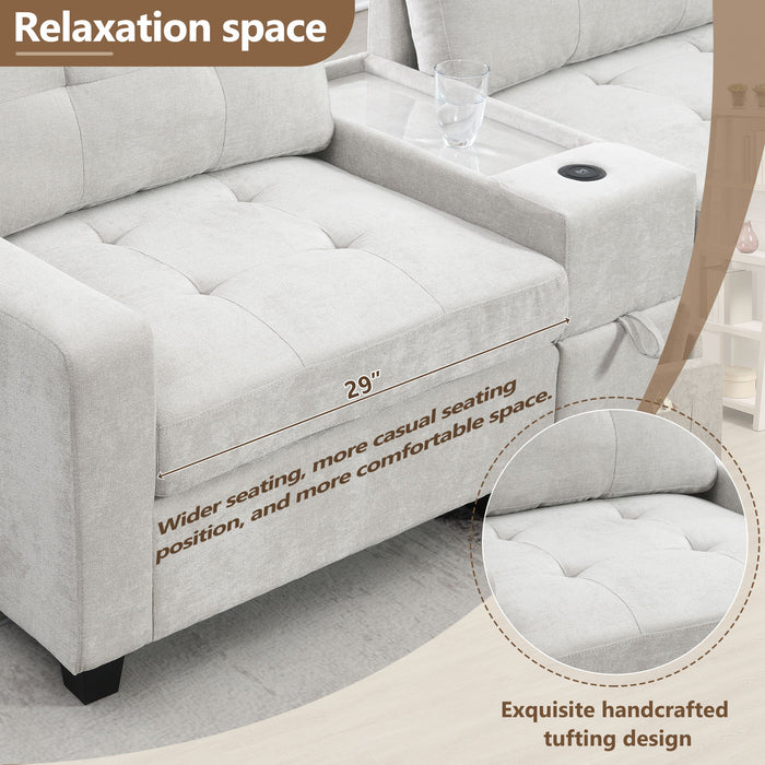 Sectional With Acrylic Table Top U Shaped Couch Set With 2 Consoles USB Charger, Storage Drawers And Pockets Movable Ottoman Tufted Sofa
