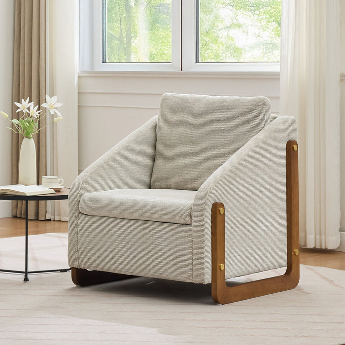 Modern Chenille Upholstered Armchair With Wooden Side Frame