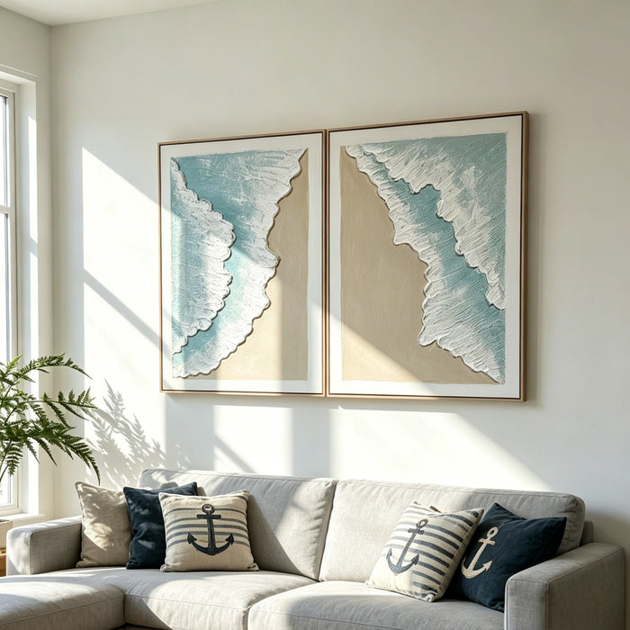 Framed Ocean Wave Wall Art, Textured Canvas Painting, Beach Decor For Living Room (Set of 2) - Aqua Blue