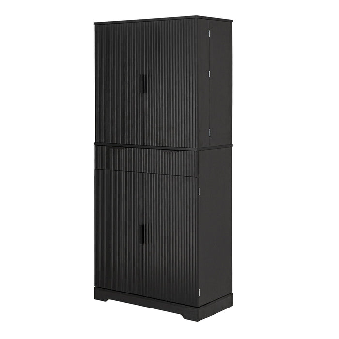 Fluted Kitchen Pantry Cabinet With 3 Keyboard Drawers & 6 Door Shelves Adjustable
