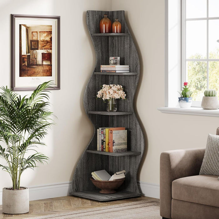 5 Tier Wavy Corner Bookshelf And Plant Stand For Living Room