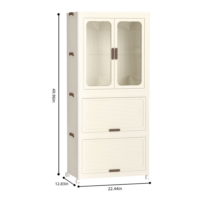 Portable Wardrobe Closet Storage Organizer With Magnetic Doors And Hanging Rod - Cream White