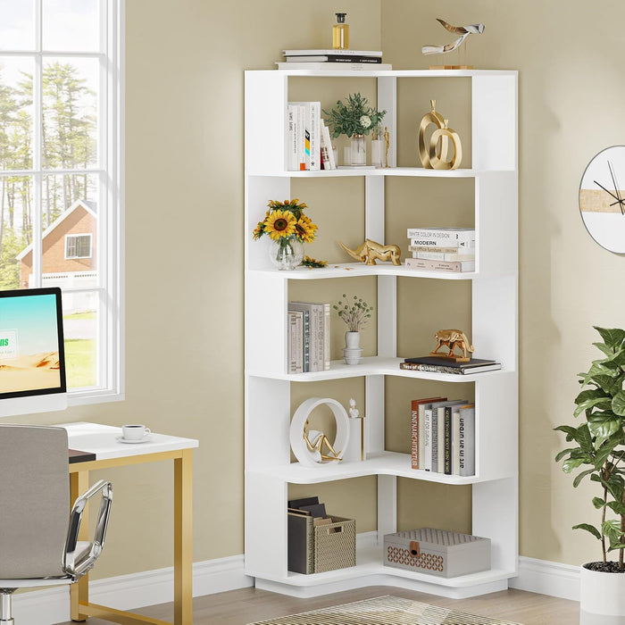 6 Tier Corner Bookshelf, L-Shaped Freestanding Shelf With Anti Drop Panels