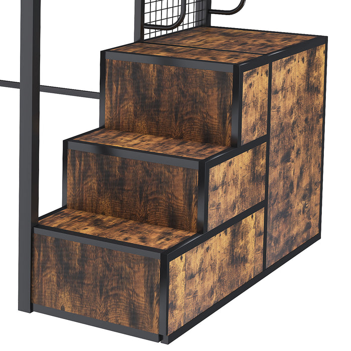 Heavy Duty Full Loft Bed With Desk & USB Charging Metal Frame With Storage Drawers And Staircase - Black