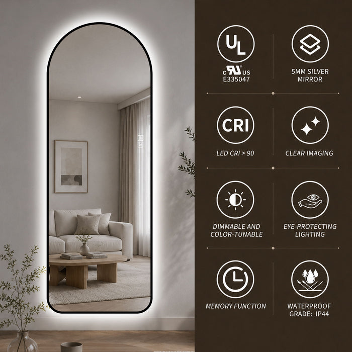 65" X 24" Arched LED Full Length Mirror With Frame, 3 Color Temperatures & Stepless Dimming - Black