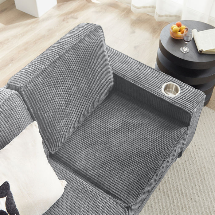 Modern Corduroy Fabric Sofa, 3 Seater Compressed Couch With Cup Holders