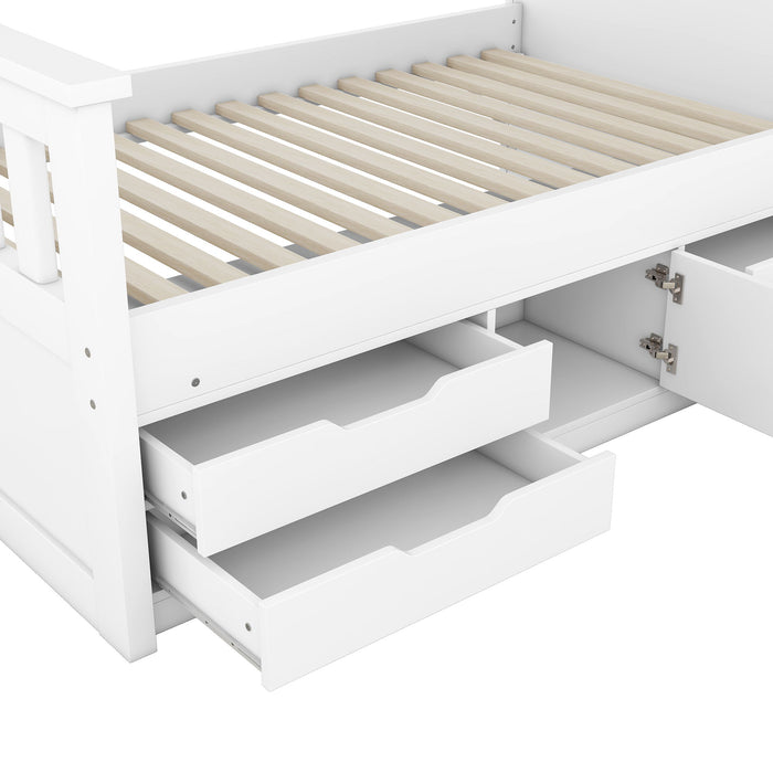 Captain Platform Bed Frame With Storage Bookcases, Shelves, And 4 Drawers