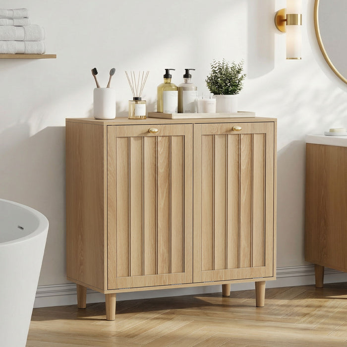 Sloping Laundry Basket With Removable Inner Bin, Concealed Storage Cabinet For Bathroom - Oak