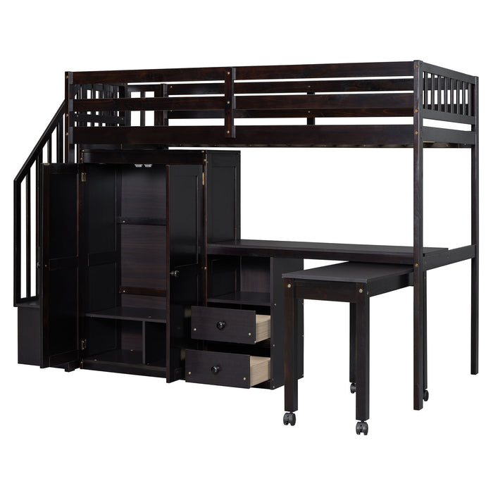 Loft Bed With Stairs, Bookshelf, Drawers, Desk & Wardrobe, Space Saving Multifunctional Furniture