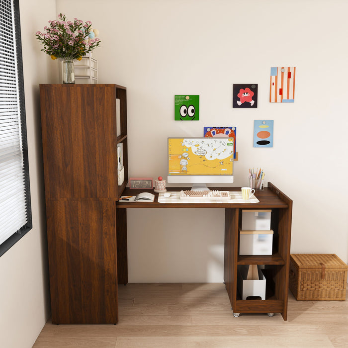 Stretchable Office Desk With Storage Shelves And Mobile Wheels