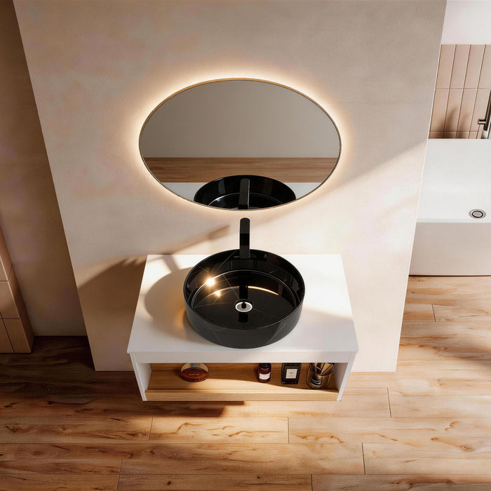 Floating Bathroom Vanity With Vessel Sink With Open Shelf Storage