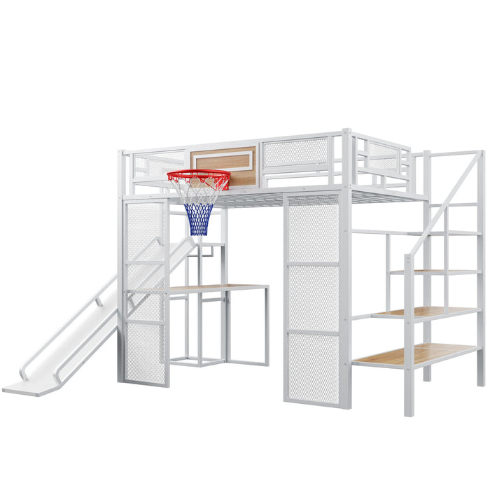 Loft Bed With Built In Desk, Open Wardrobe, Basketball Hoop, Slide And Staircase