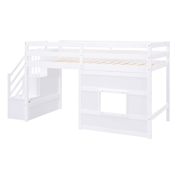 Loft Bed With Storage Staircase, Window & LED Light