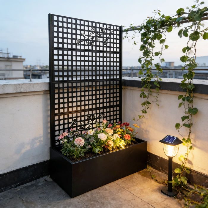 Planter Box With Trellis, Outdoor Raised Garden Bed With Privacy Screen Lattice Panels For Patio - Black