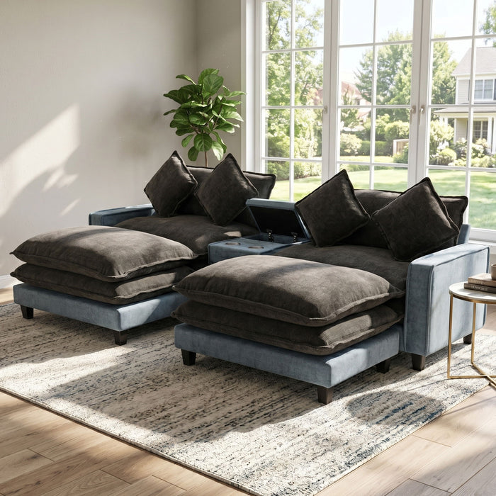 Sectional Sofa With Removable Ottomans, USB Ports, Cup Holders & Storage - Gray / Light Blue