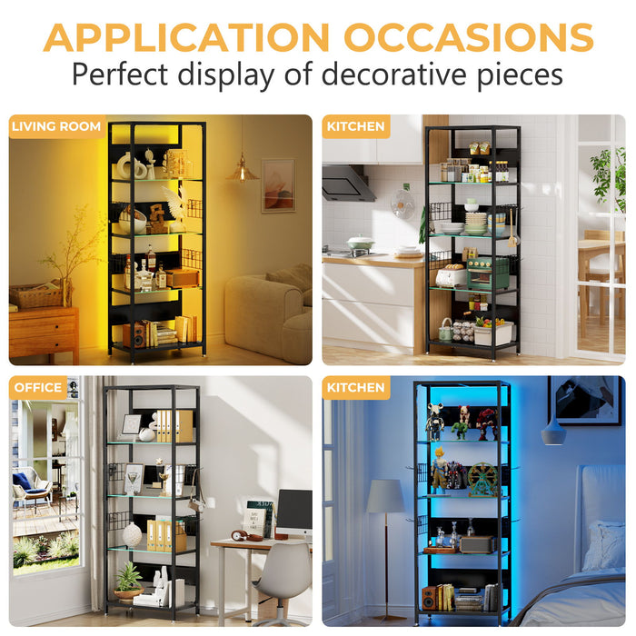 4 Tier Display Shelf With RGB Lights, LED Lighted Curio Cabinet With Adjustable Storage Box & Hooks - Black