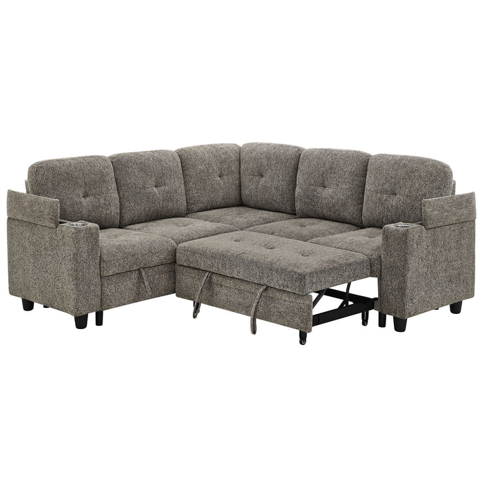 5 Seat Reversible L - Shaped Sleeper Sofa, Pull Out Convertible Sectional Couch With Storage, USB C - Charger, Cup Holders Modular Sofa Bed - Gray