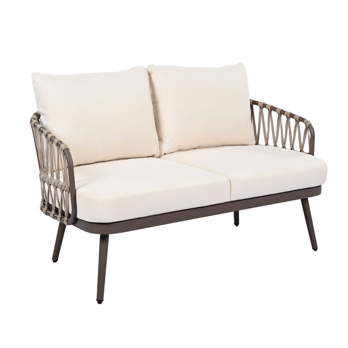 4 Piece Outdoor Patio Furniture Set, Metal Chairs With Woven Rope U Shaped Backrest