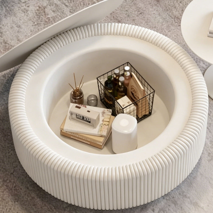 Round Fluted Coffee Table, Base & Hidden Storage - Snow White