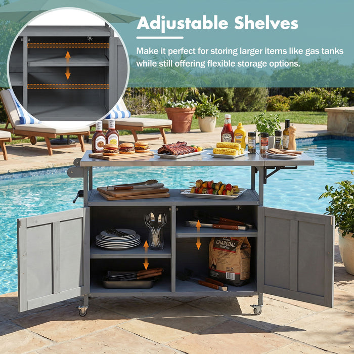 Foldable Outdoor Kitchen Island With Lockable Wheels, Storage Cabinet And Towel Rack For Patio
