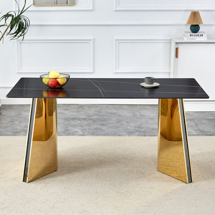 Patterned Slab Dining Table With Golden Stainless Steel Butterfly Legs - Black / Gold