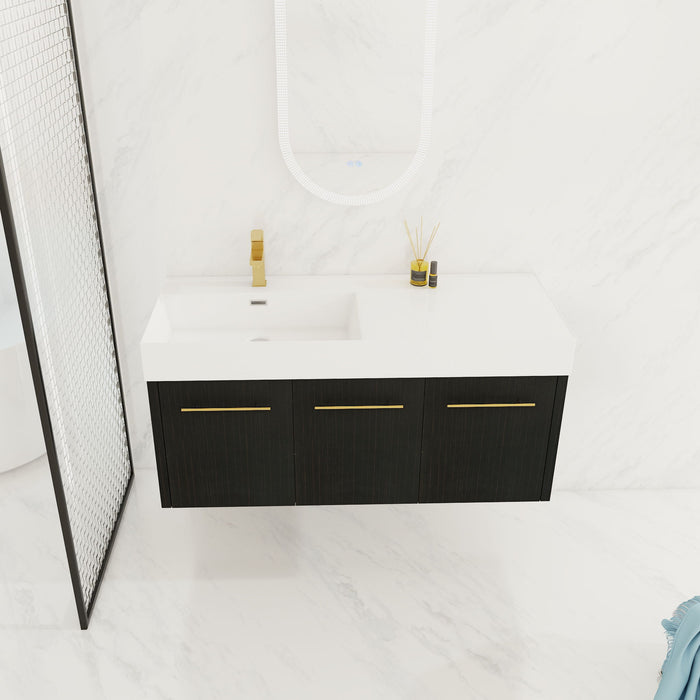 Contemporary 48" Wall Mounted Bathroom Vanity With Resin Sink And Soft Closing Doors And Line - Black Chestnut