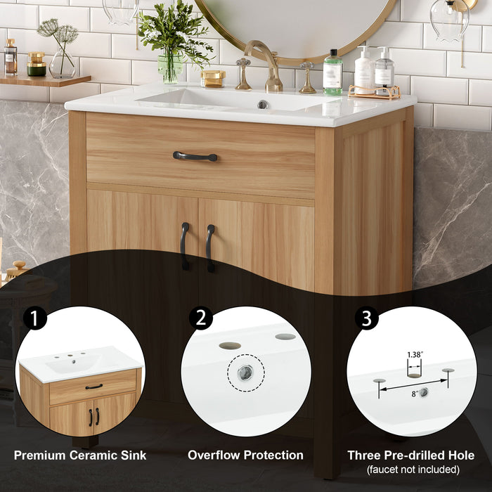 Bathroom Vanity With Flip Drawer, 2 Soft Close Doors, Adjustable Shelf And Ceramic Sink